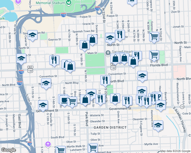 map of restaurants, bars, coffee shops, grocery stores, and more near 141 North 21st Street in Baton Rouge