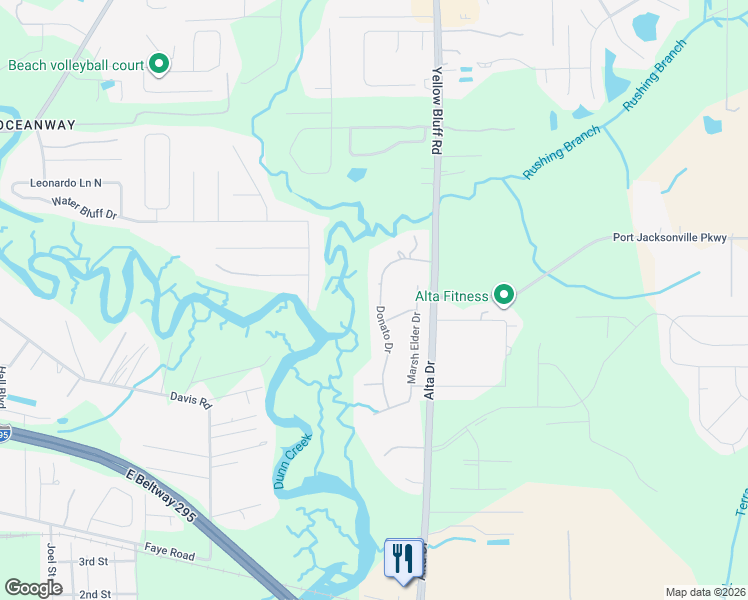 map of restaurants, bars, coffee shops, grocery stores, and more near 11770 Donato Drive in Jacksonville