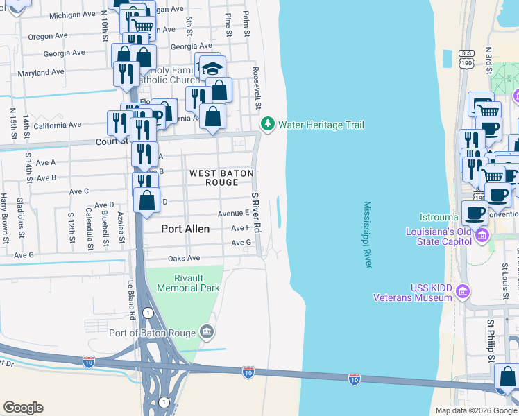 map of restaurants, bars, coffee shops, grocery stores, and more near 555 South River Road in Baton Rouge