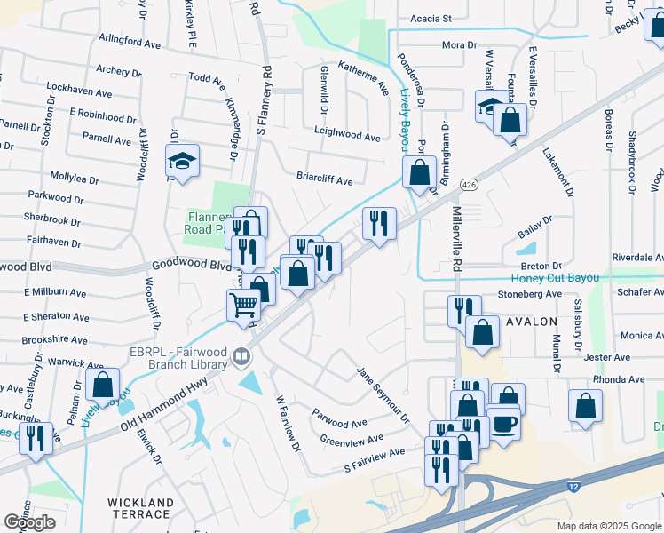 map of restaurants, bars, coffee shops, grocery stores, and more near 1271 West Azalea Park Drive in Baton Rouge