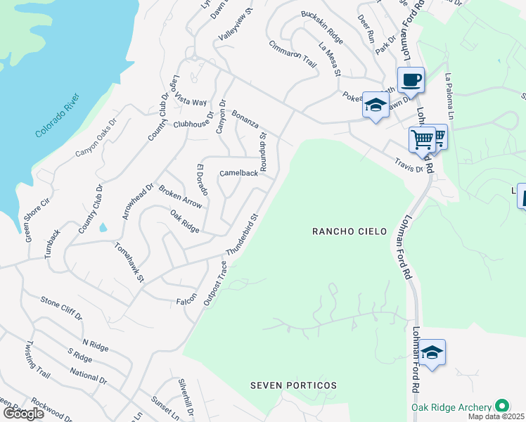 map of restaurants, bars, coffee shops, grocery stores, and more near 5405 Thunderbird Street in Lago Vista