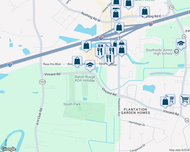 map of restaurants, bars, coffee shops, grocery stores, and more near 7686 Vincent Road in Denham Springs