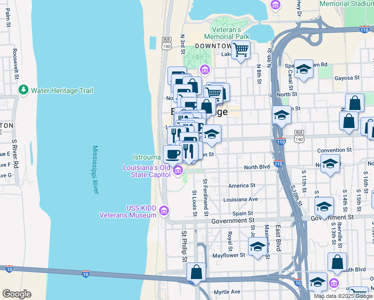 map of restaurants, bars, coffee shops, grocery stores, and more near 232 3rd Street in Baton Rouge