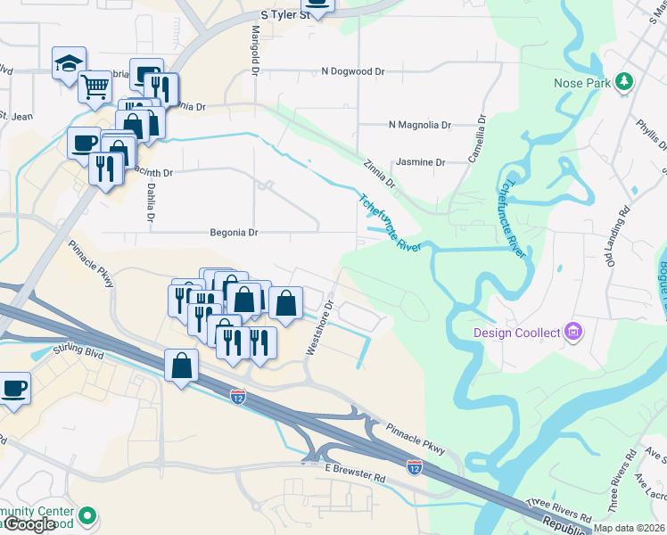 map of restaurants, bars, coffee shops, grocery stores, and more near 4189 Cypress Point Drive in Covington
