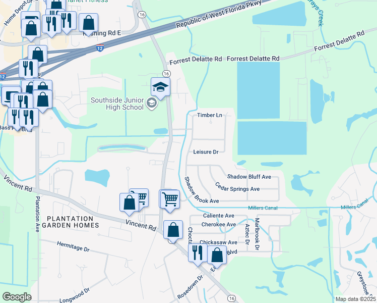 map of restaurants, bars, coffee shops, grocery stores, and more near 26248 Shadow Brook Avenue in Denham Springs