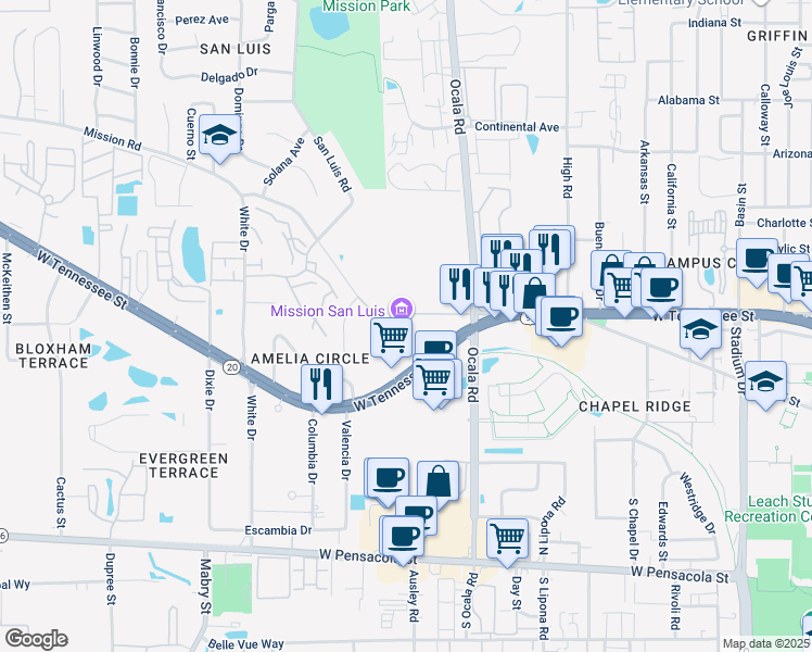 map of restaurants, bars, coffee shops, grocery stores, and more near 2100 West Tennessee Street in Tallahassee