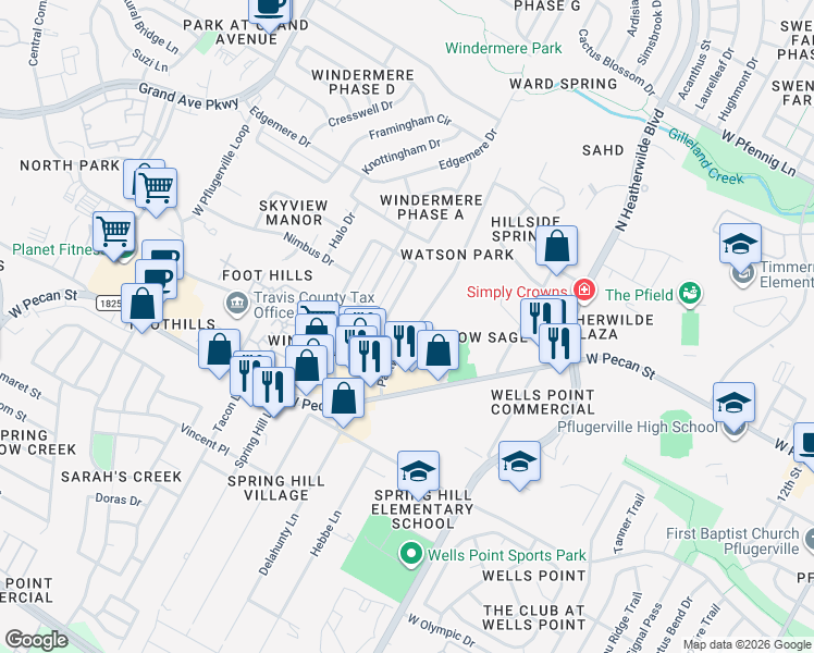 map of restaurants, bars, coffee shops, grocery stores, and more near 16002 Parkway Drive in Pflugerville