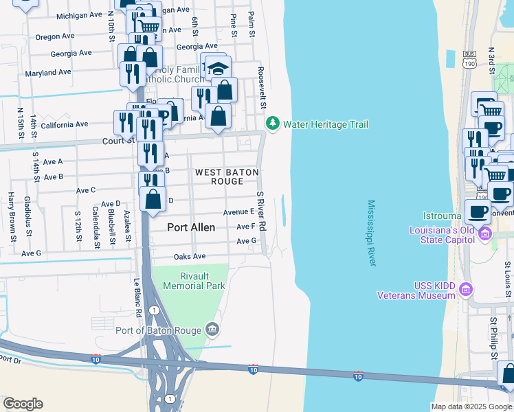 map of restaurants, bars, coffee shops, grocery stores, and more near 555 South River Road in Baton Rouge