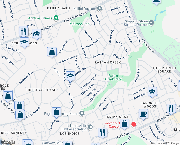 map of restaurants, bars, coffee shops, grocery stores, and more near 13006 Humphrey Drive in Austin