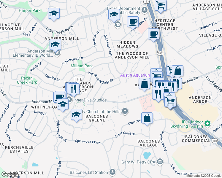 map of restaurants, bars, coffee shops, grocery stores, and more near 12007 Swallow Drive in Austin