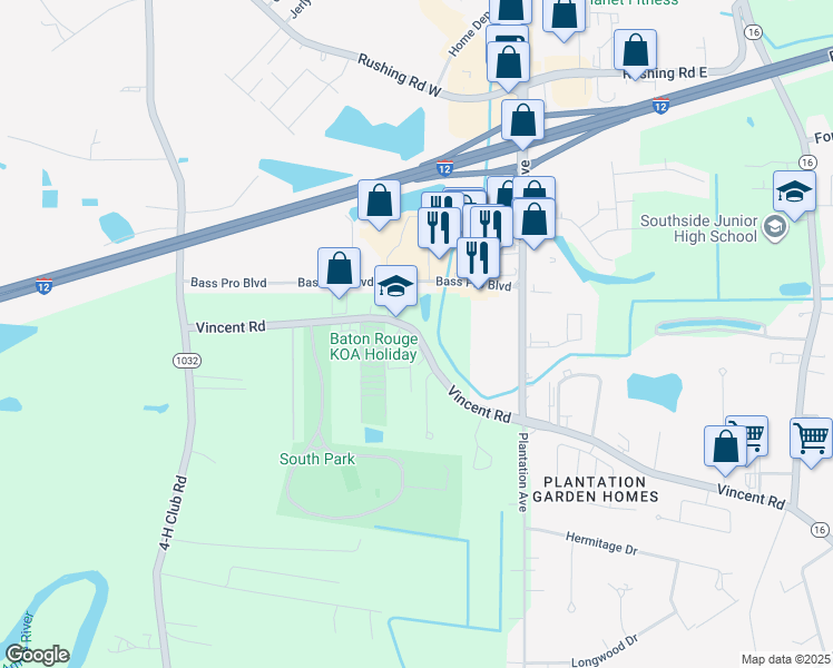 map of restaurants, bars, coffee shops, grocery stores, and more near 7686 Vincent Road in Denham Springs
