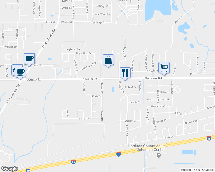 map of restaurants, bars, coffee shops, grocery stores, and more near 13321 Dedeaux Road in Gulfport