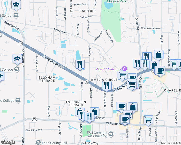 map of restaurants, bars, coffee shops, grocery stores, and more near 457 White Drive in Tallahassee