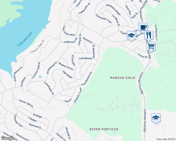 map of restaurants, bars, coffee shops, grocery stores, and more near 20611 Oak Ridge in Lago Vista