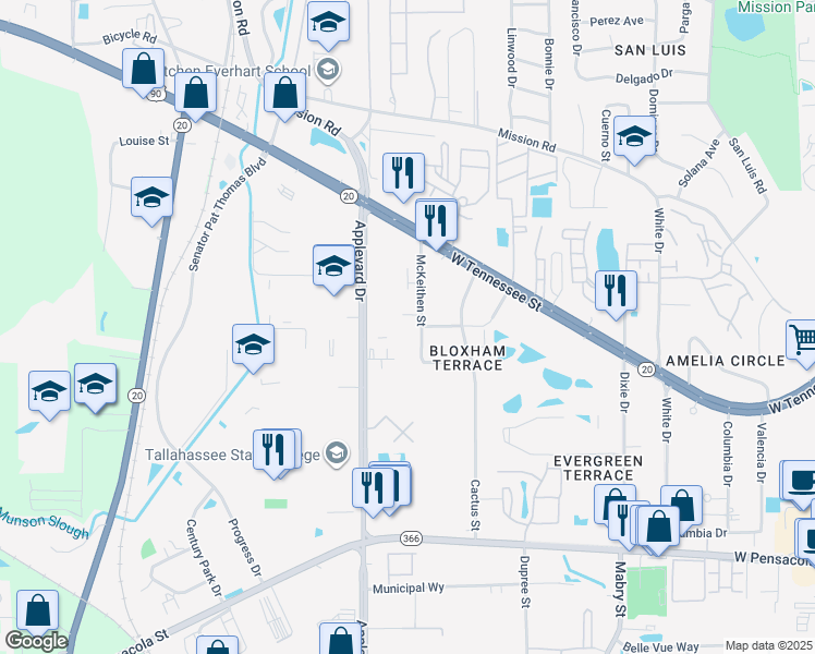map of restaurants, bars, coffee shops, grocery stores, and more near 500 McKeithen Street in Tallahassee