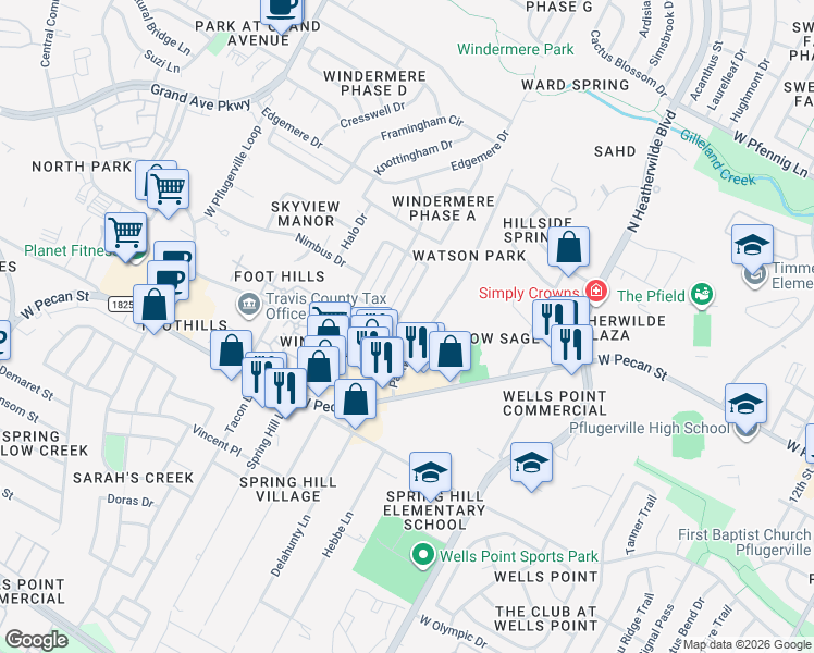 map of restaurants, bars, coffee shops, grocery stores, and more near 16002 Parkway Drive in Pflugerville
