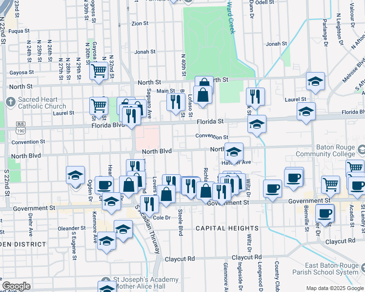 map of restaurants, bars, coffee shops, grocery stores, and more near 3849 North Boulevard in Baton Rouge