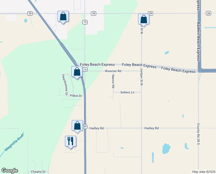 map of restaurants, bars, coffee shops, grocery stores, and more near 15351 Nance Road in Foley