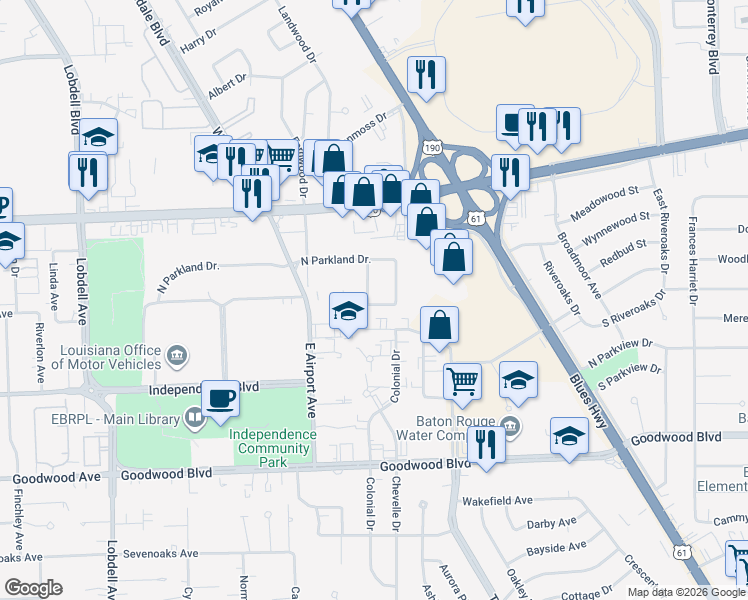 map of restaurants, bars, coffee shops, grocery stores, and more near 8447 South Parkland Drive in Baton Rouge
