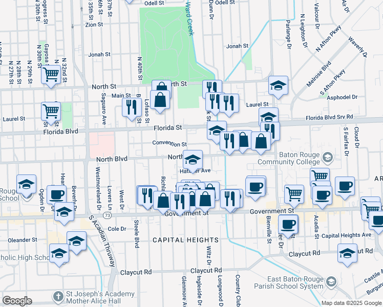 map of restaurants, bars, coffee shops, grocery stores, and more near 4217 North Boulevard in Baton Rouge