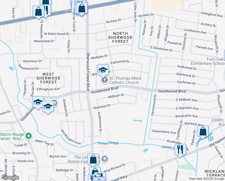 map of restaurants, bars, coffee shops, grocery stores, and more near 11552 Goodwood Boulevard in Baton Rouge