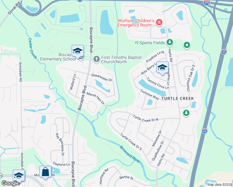map of restaurants, bars, coffee shops, grocery stores, and more near 11775 High Plains Drive East in Jacksonville