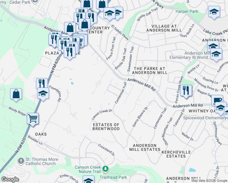 map of restaurants, bars, coffee shops, grocery stores, and more near 11217 Matisse Trail in Austin