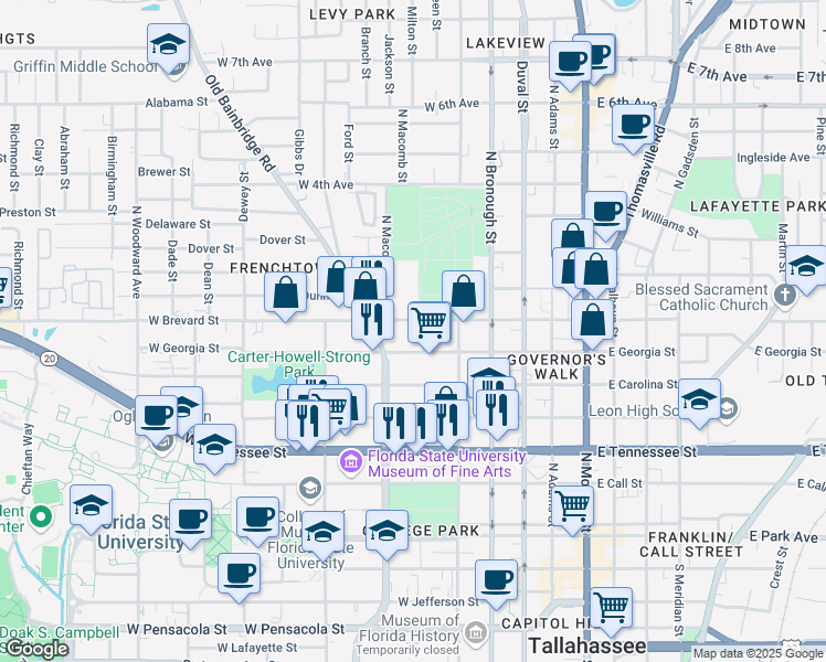 map of restaurants, bars, coffee shops, grocery stores, and more near 448 West Georgia Street in Tallahassee