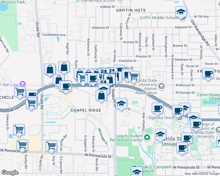 map of restaurants, bars, coffee shops, grocery stores, and more near 26 Slusher Street in Tallahassee