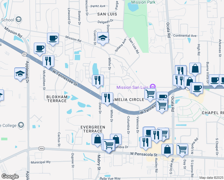 map of restaurants, bars, coffee shops, grocery stores, and more near 2334 Amelia Circle in Tallahassee
