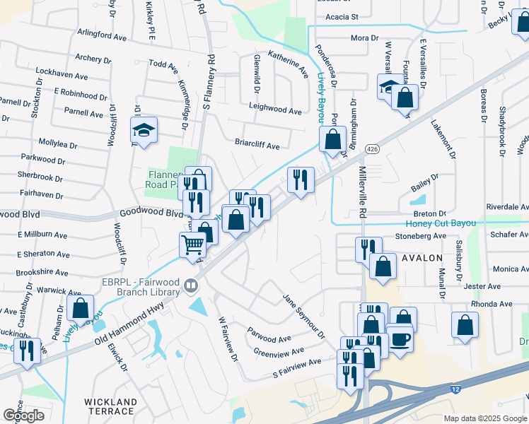 map of restaurants, bars, coffee shops, grocery stores, and more near 1271 West Azalea Park Drive in Baton Rouge