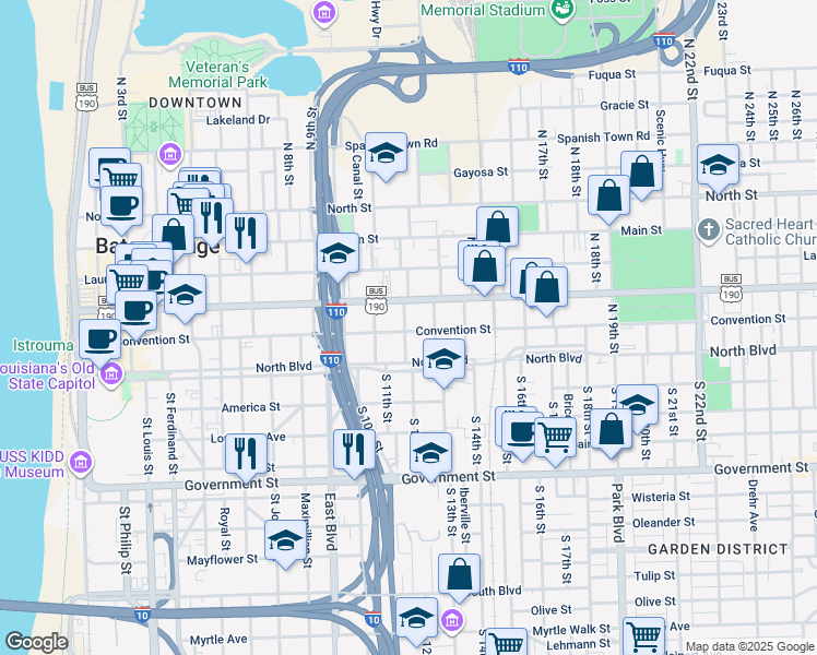 map of restaurants, bars, coffee shops, grocery stores, and more near 1165 Convention Street in Baton Rouge