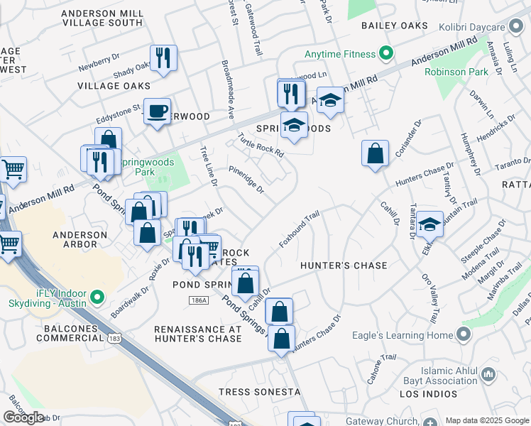 map of restaurants, bars, coffee shops, grocery stores, and more near 12601 Turtle Rock Road in Austin