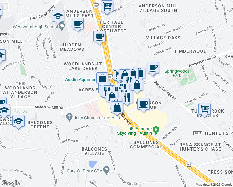 map of restaurants, bars, coffee shops, grocery stores, and more near 13435 U.S. 183 in Austin