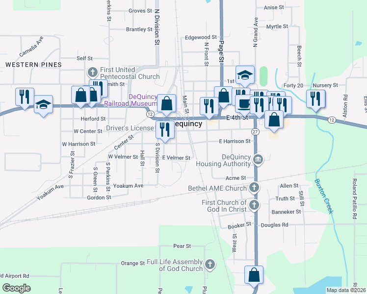map of restaurants, bars, coffee shops, grocery stores, and more near 305 E Harrison St in DeQuincy
