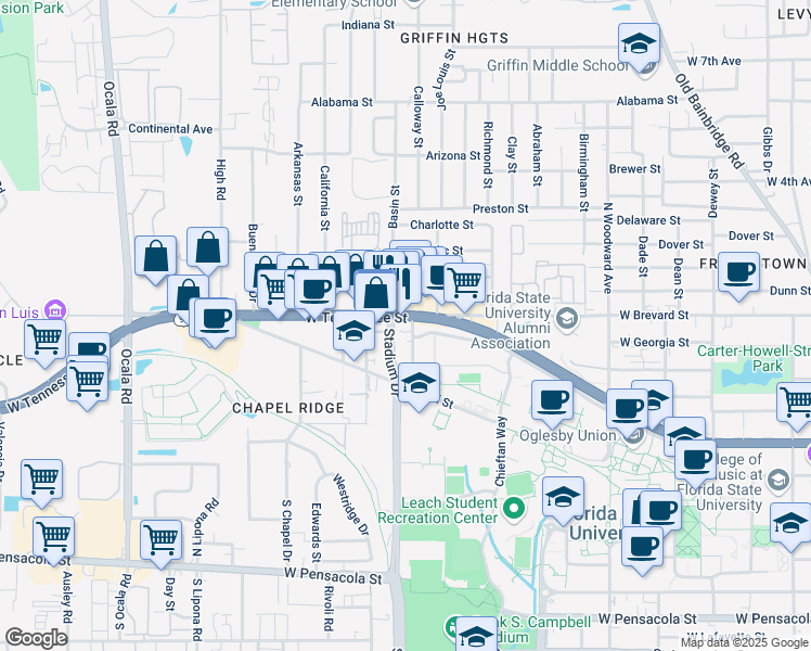 map of restaurants, bars, coffee shops, grocery stores, and more near 1425 West Tennessee Street in Tallahassee