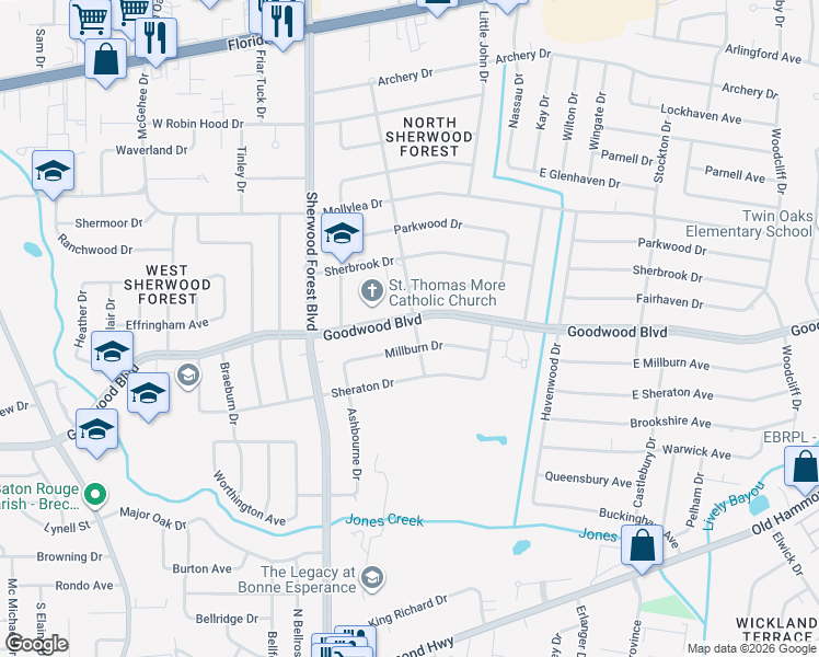 map of restaurants, bars, coffee shops, grocery stores, and more near 11552 Goodwood Boulevard in Baton Rouge