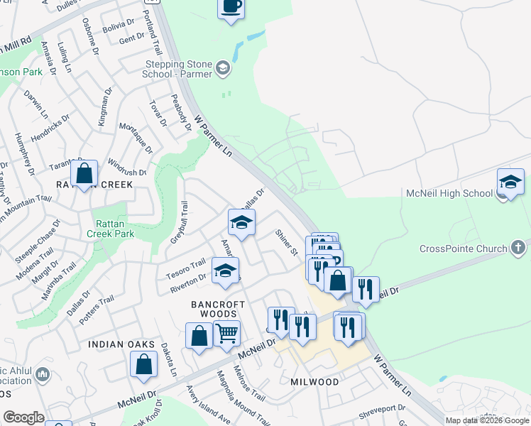 map of restaurants, bars, coffee shops, grocery stores, and more near 6810 Luckenbach Lane in Austin