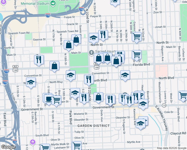 map of restaurants, bars, coffee shops, grocery stores, and more near 132 North 22nd Street in Baton Rouge