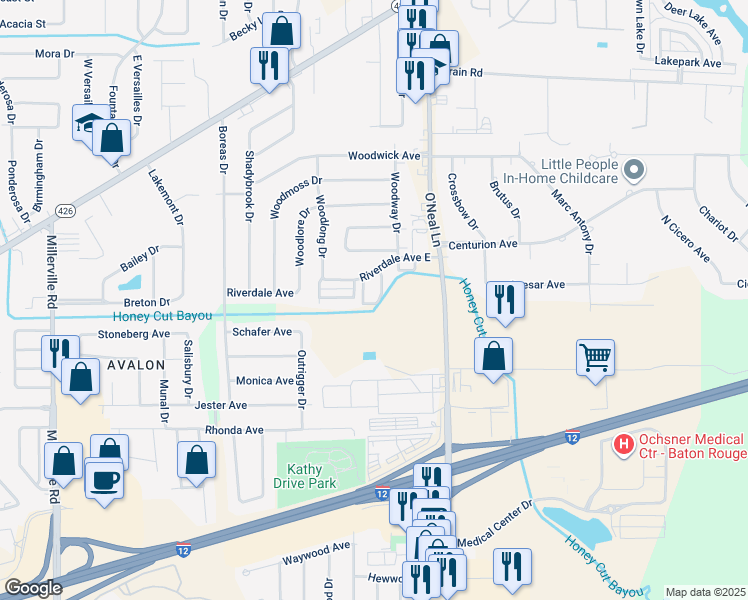 map of restaurants, bars, coffee shops, grocery stores, and more near 15684 Riverdale Avenue East in Baton Rouge