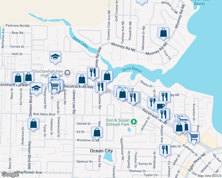 map of restaurants, bars, coffee shops, grocery stores, and more near 18 Racetrack Road Northeast in Fort Walton Beach
