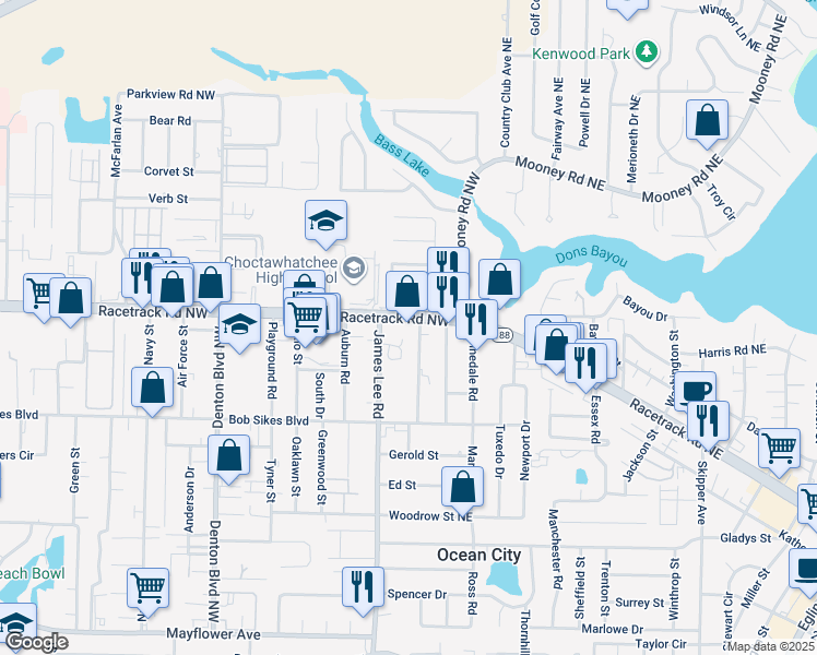 map of restaurants, bars, coffee shops, grocery stores, and more near 17 Racetrack Road Northwest in Fort Walton Beach