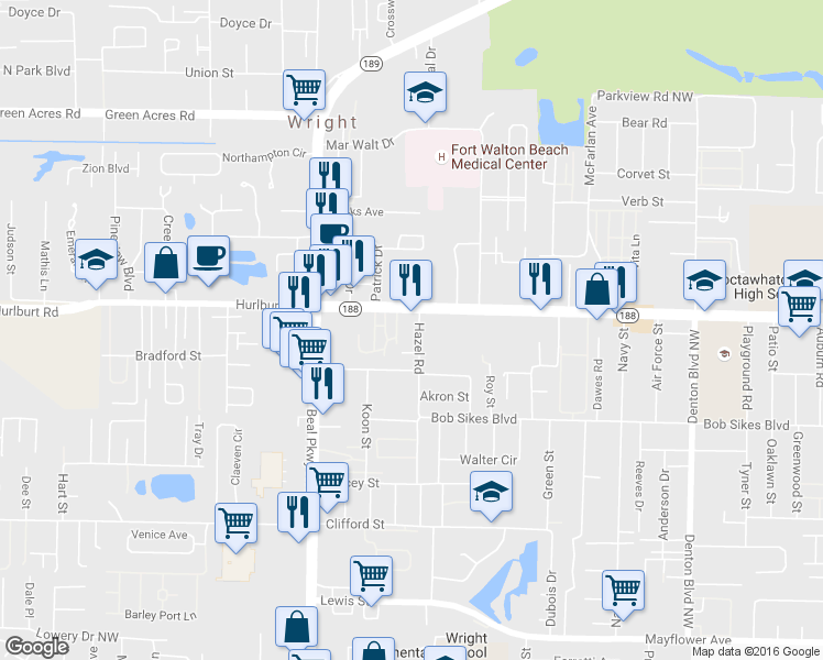 map of restaurants, bars, coffee shops, grocery stores, and more near 138 Gibson Rd in Fort Walton Beach