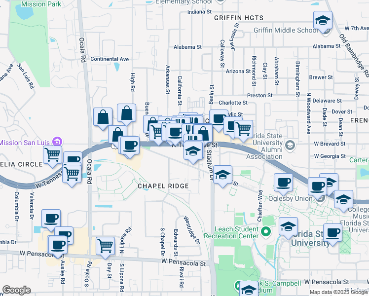 map of restaurants, bars, coffee shops, grocery stores, and more near 1701 West Tennessee Street in Tallahassee
