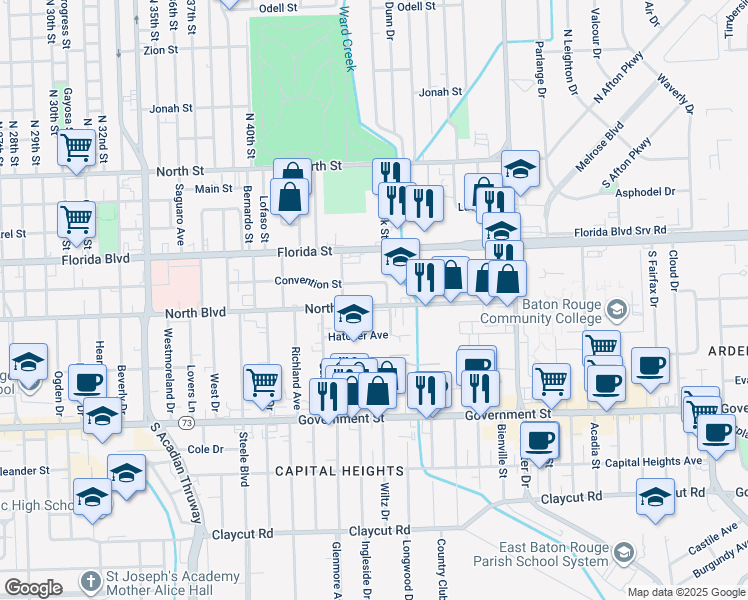 map of restaurants, bars, coffee shops, grocery stores, and more near 4366 North Boulevard in Baton Rouge