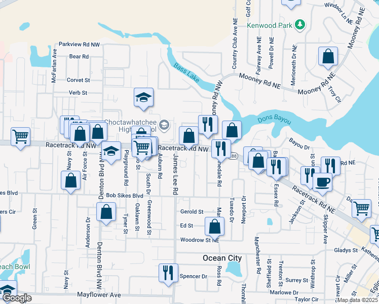 map of restaurants, bars, coffee shops, grocery stores, and more near 17 Racetrack Road Northwest in Fort Walton Beach