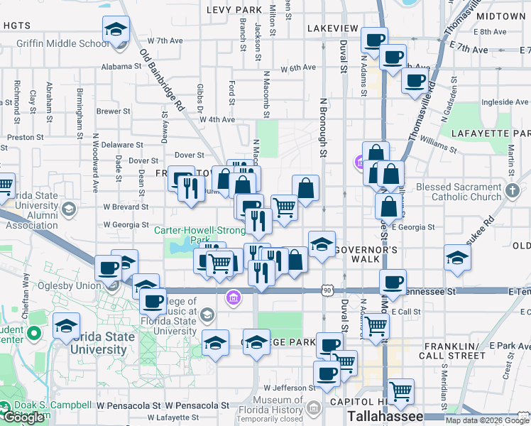 map of restaurants, bars, coffee shops, grocery stores, and more near 448 West Georgia Street in Tallahassee