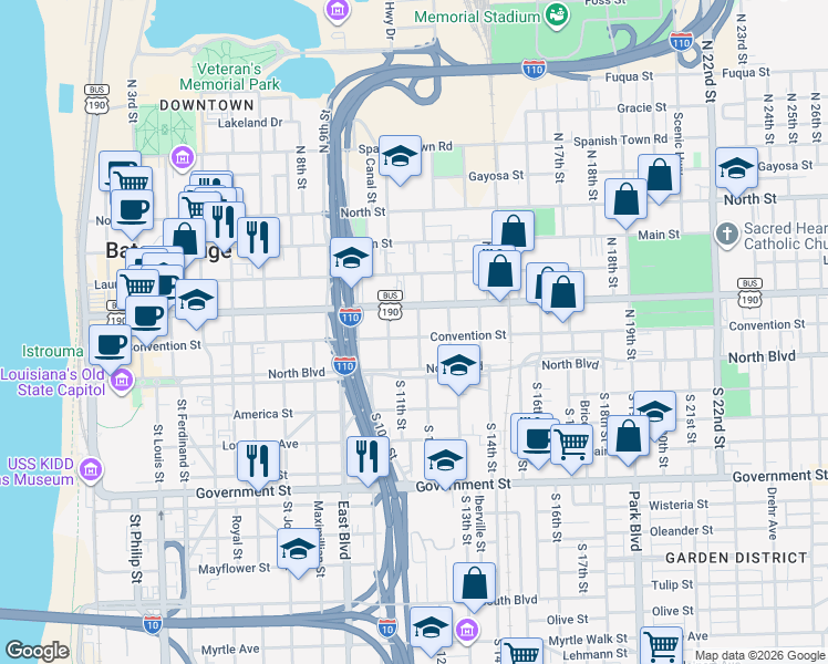 map of restaurants, bars, coffee shops, grocery stores, and more near 1165 Convention Street in Baton Rouge
