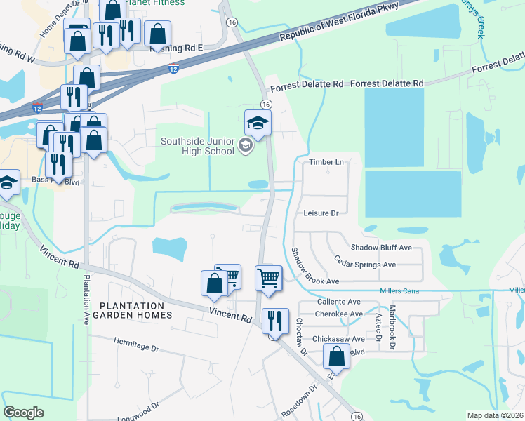 map of restaurants, bars, coffee shops, grocery stores, and more near 26300 Louisiana 16 in Denham Springs