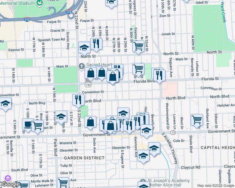 map of restaurants, bars, coffee shops, grocery stores, and more near 144 North Eugene Street in Baton Rouge